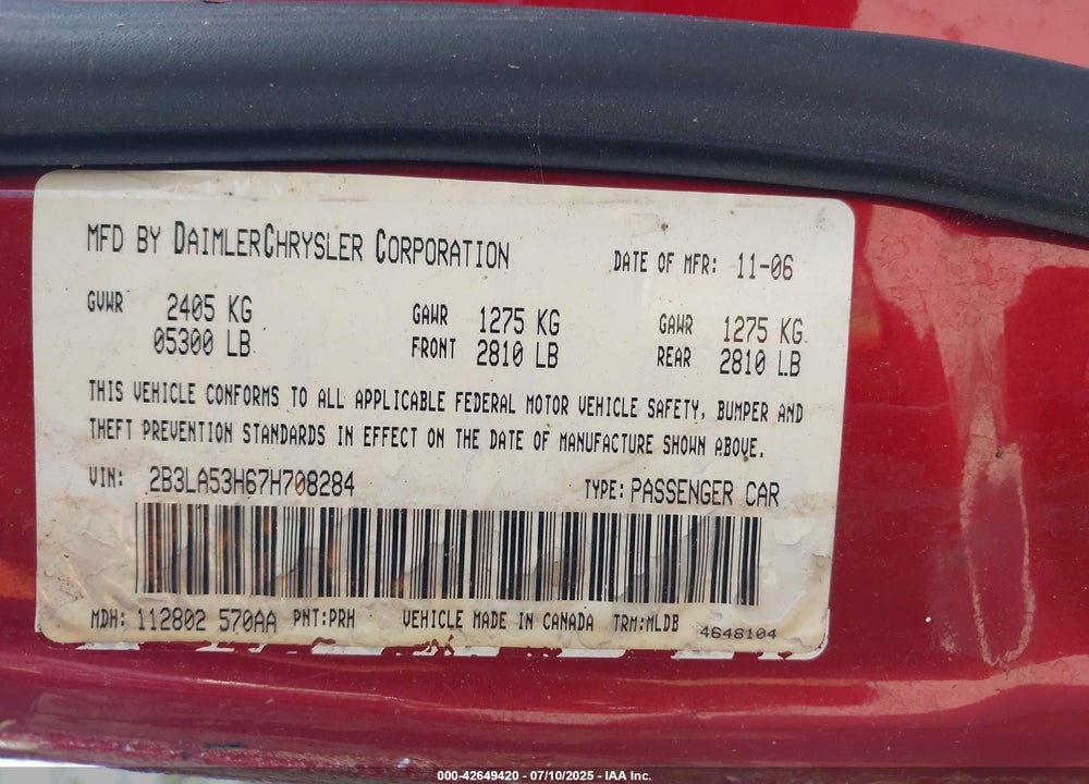 2007 DODGE CHARGER VIN: 2B3LA53H67H708284