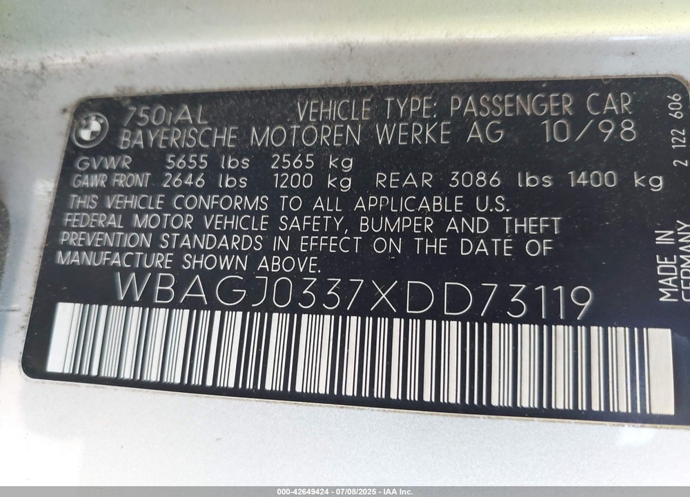 1999 BMW 750IL VIN: WBAGJ0337XDD73119