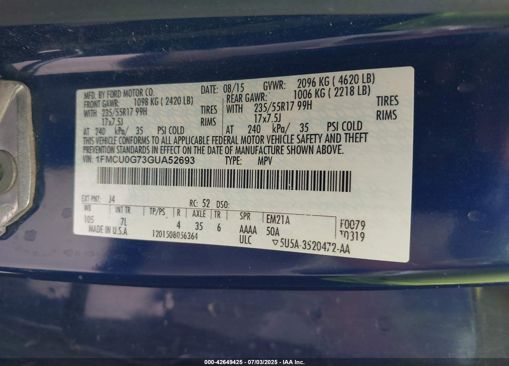 2016 FORD ESCAPE VIN: 1FMCU0G73GUA52693
