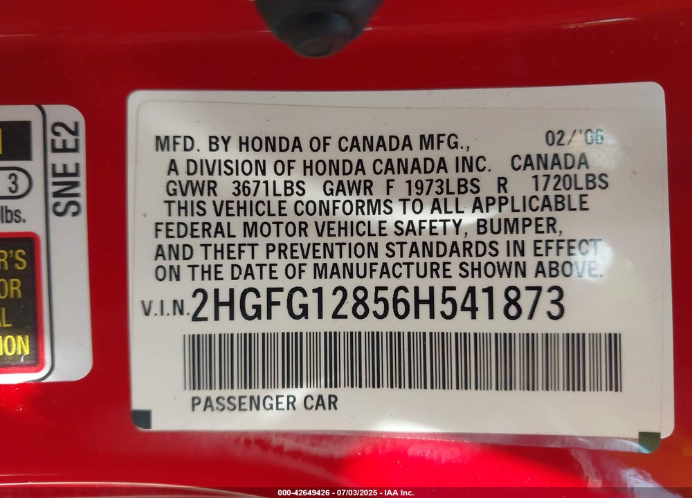 2006 HONDA CIVIC VIN: 2HGFG12856H541873