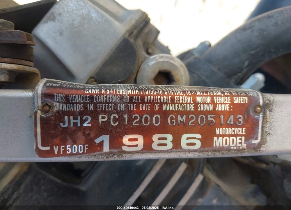 1986 HONDA VF500 F VIN: JH2PC1200GM205143