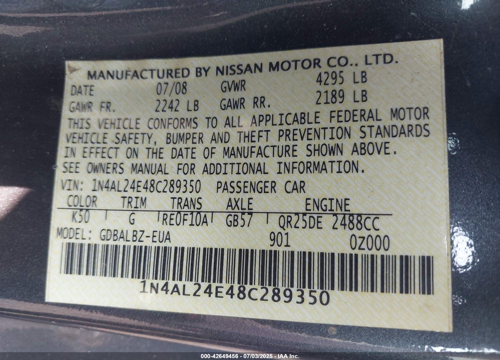 2008 NISSAN ALTIMA VIN: 1N4AL24E48C289350