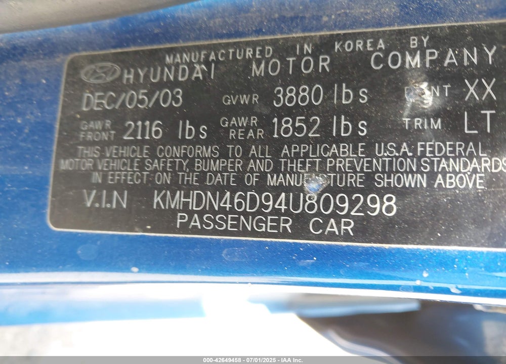 2004 HYUNDAI ELANTRA GLS/GT VIN: KMHDN46D94U809298