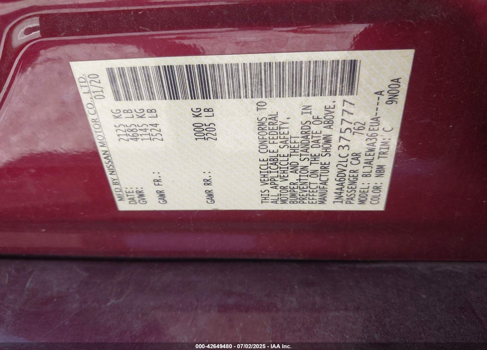 2020 NISSAN MAXIMA VIN: 1N4AA6DV2LC375777