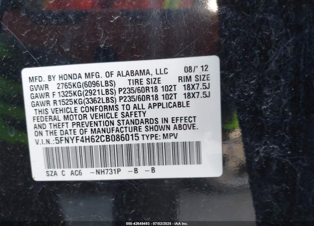 2012 HONDA PILOT VIN: 5FNYF4H62CB086015