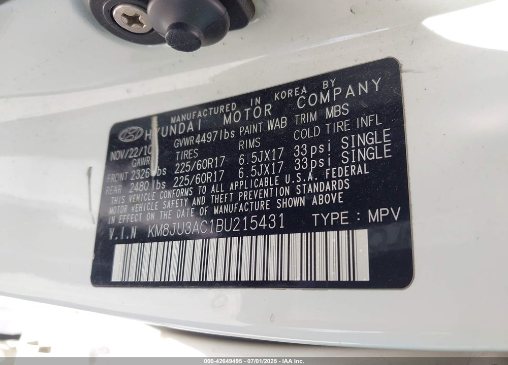 2011 HYUNDAI TUCSON VIN: KM8JU3AC1BU215431
