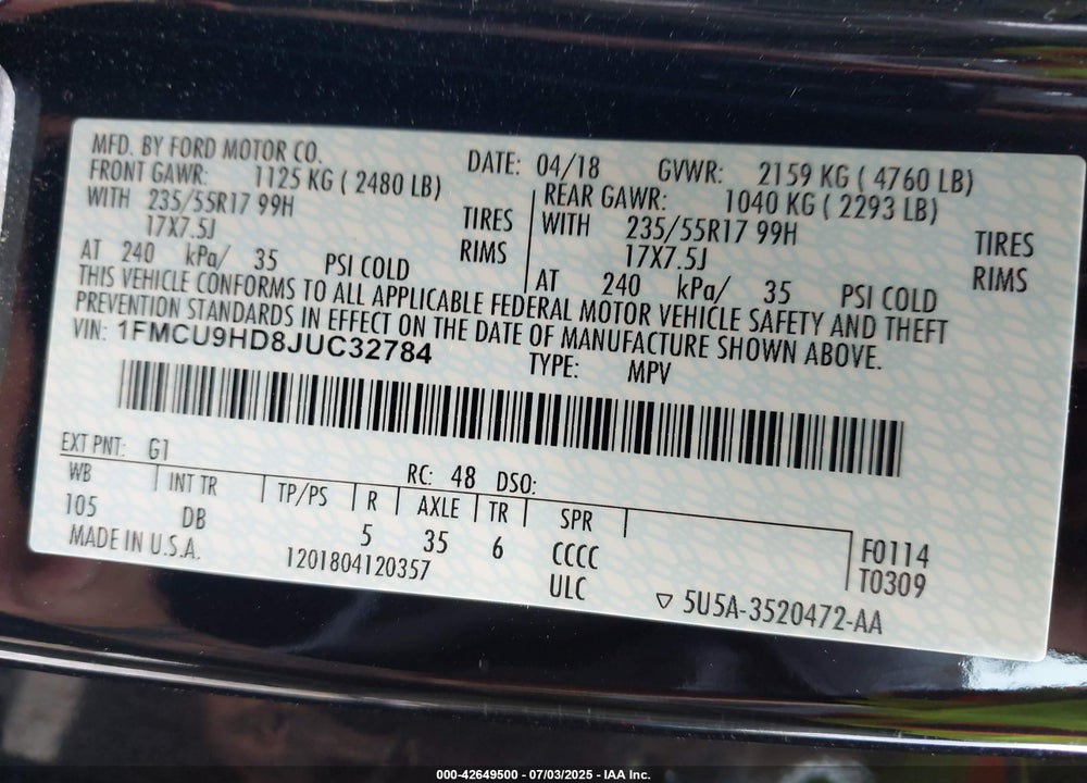 2018 FORD ESCAPE VIN: 1FMCU9HD8JUC32784