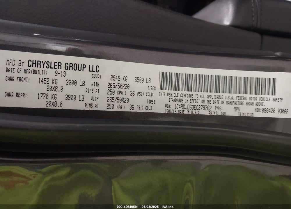 2014 DODGE DURANGO VIN: 1C4RDJDG3EC278762