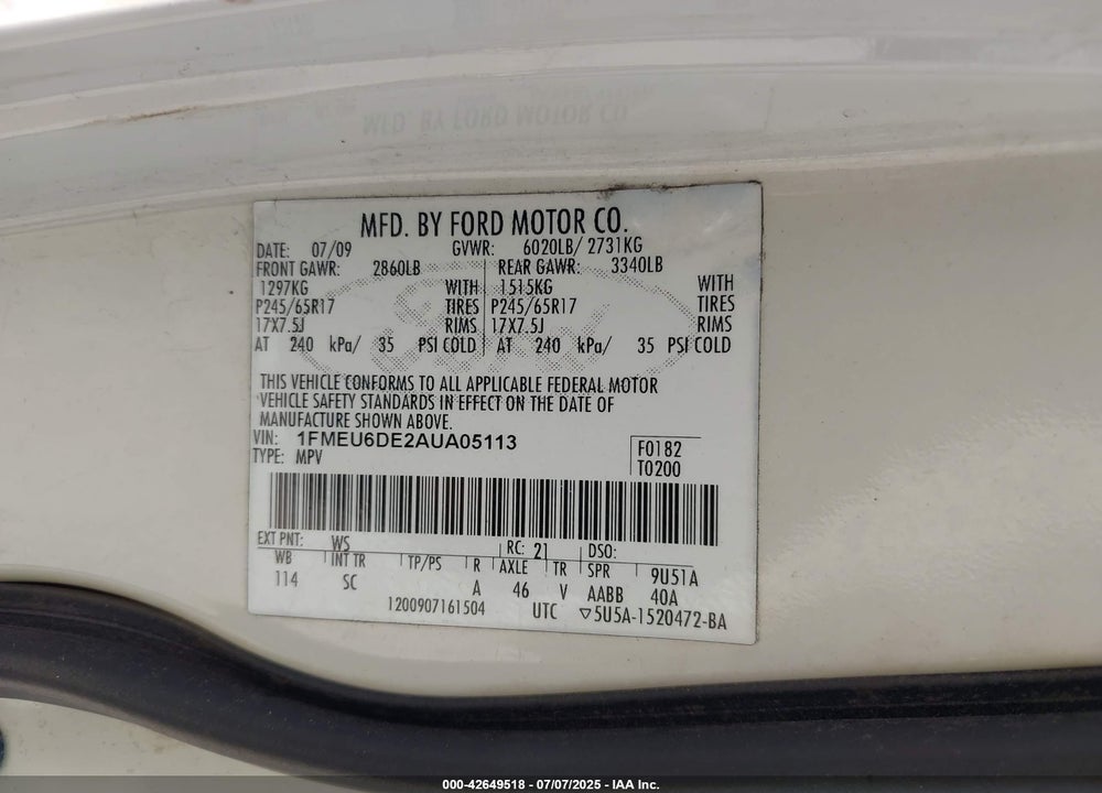 2010 FORD EXPLORER VIN: 1FMEU6DE2AUA05113