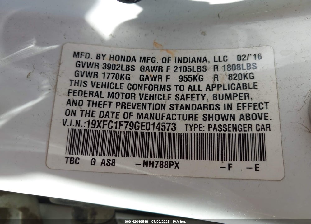 2016 HONDA CIVIC VIN: 19XFC1F79GE014573