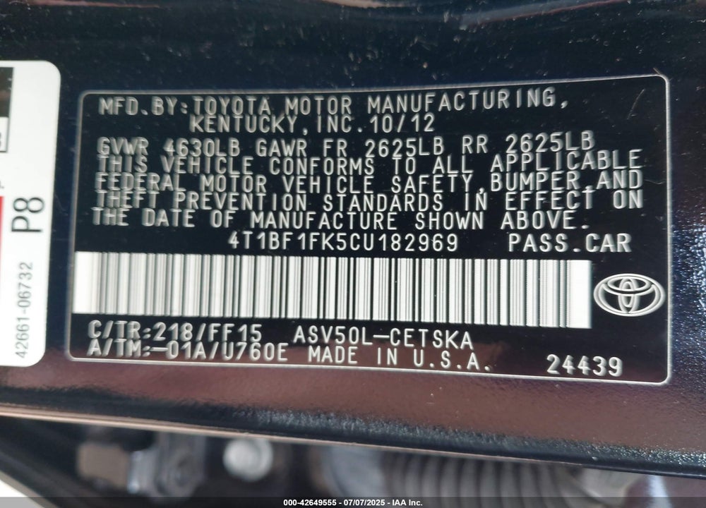 2012 TOYOTA CAMRY VIN: 4T1BF1FK5CU182969