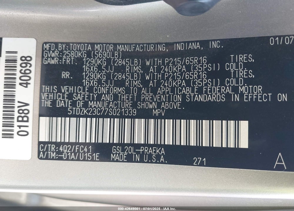2007 TOYOTA SIENNA VIN: 5TDZK23C77S021339