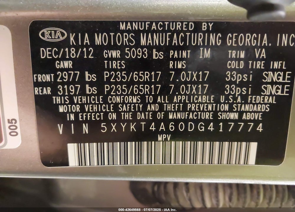 2013 KIA SORENTO VIN: 5XYKT4A60DG417774