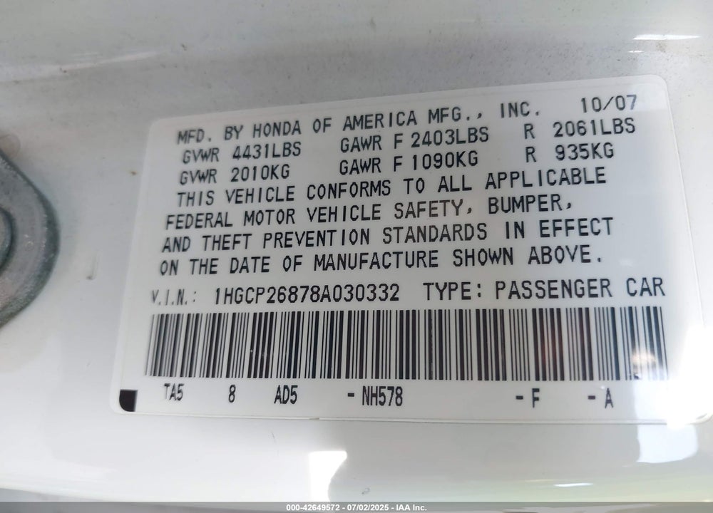 2008 HONDA ACCORD VIN: 1HGCP26878A030332