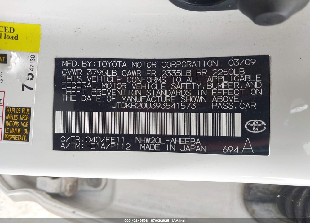 2009 TOYOTA PRIUS VIN: JTDKB20U393541573