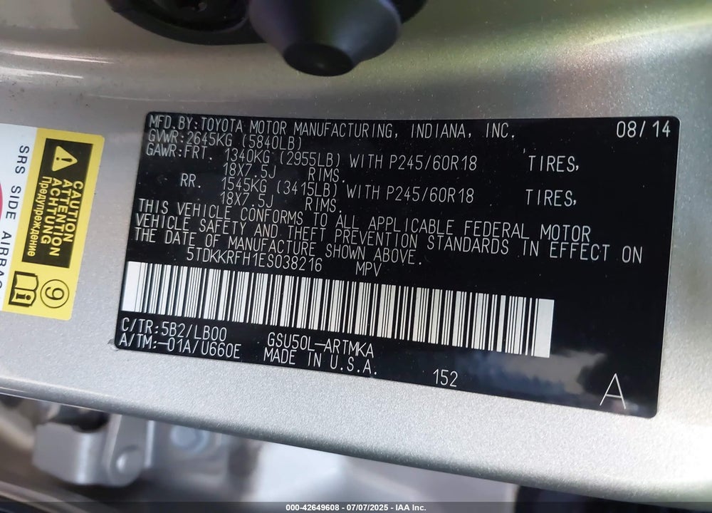 2014 TOYOTA HIGHLANDER VIN: 5TDKKRFH1ES038216