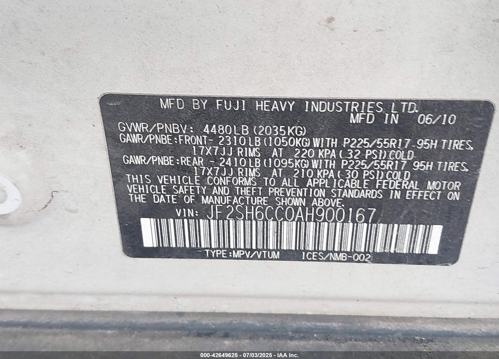 2010 SUBARU FORESTER VIN: JF2SH6CC0AH900167