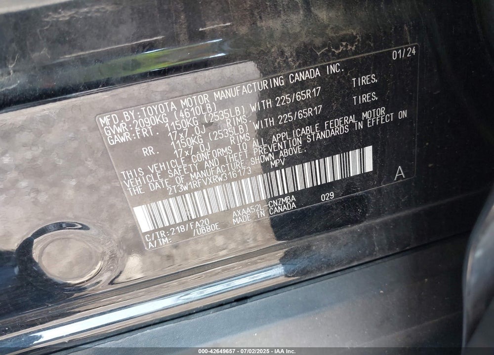 2024 TOYOTA RAV4 XLE VIN: 2T3W1RFVXRW316173