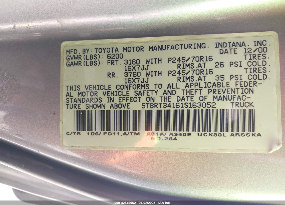2001 TOYOTA TUNDRA SR5 V8 VIN: 5TBRT34161S163052
