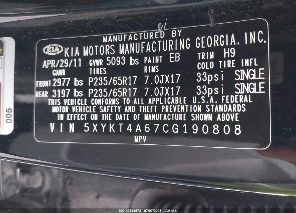 2012 KIA SORENTO VIN: 5XYKT4A67CG190808