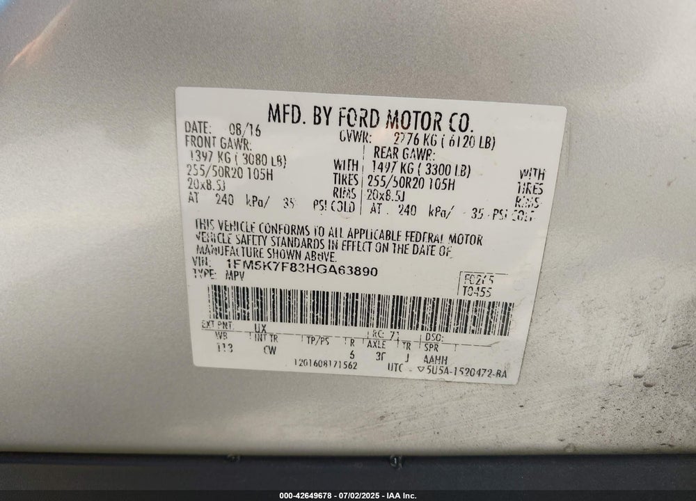 2017 FORD EXPLORER VIN: 1FM5K7F83HGA63890