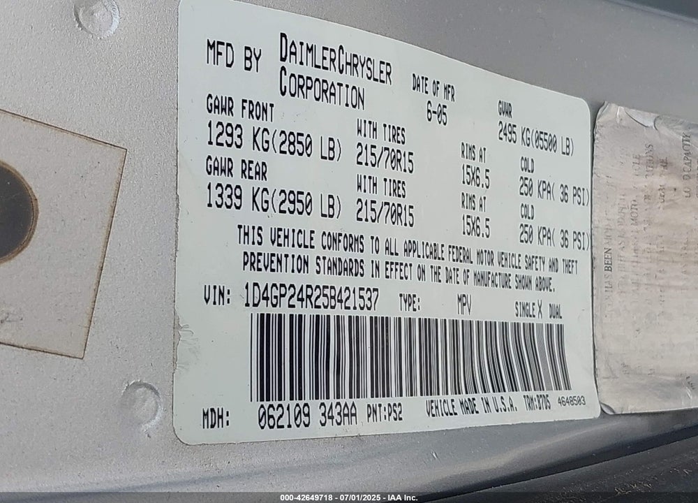 2005 DODGE GRAND CARAVAN SE VIN: 1D4GP24R25B421537