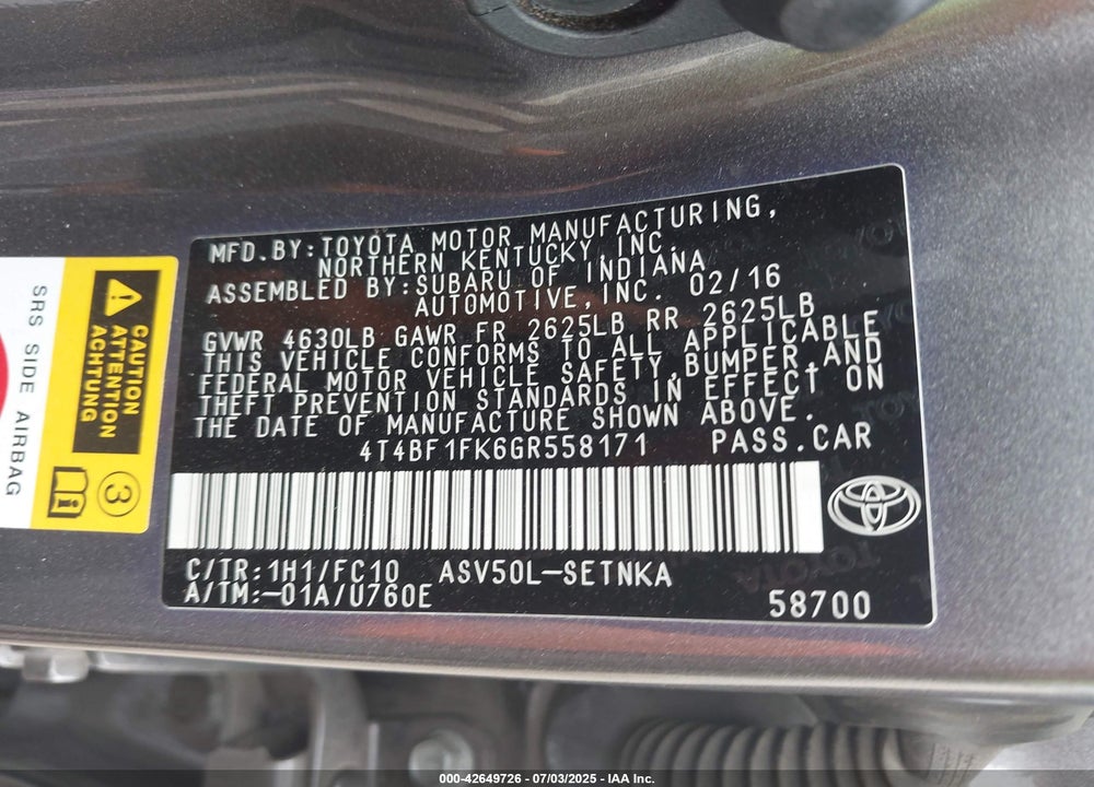 2016 TOYOTA CAMRY VIN: 4T4BF1FK6GR558171