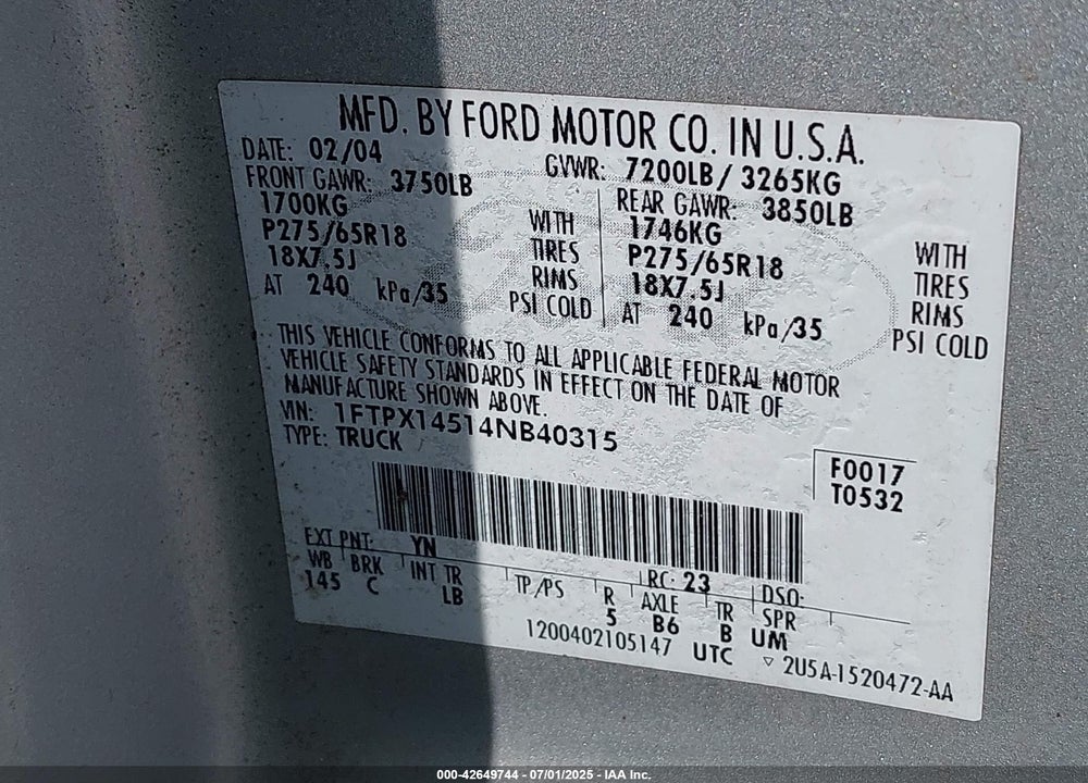2004 FORD F-150 FX4/LARIAT/XL/XLT VIN: 1FTPX14514NB40315