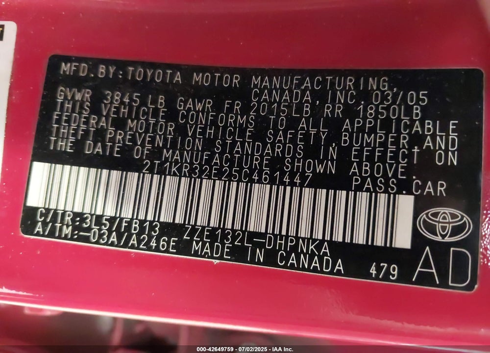 2005 TOYOTA MATRIX/XR VIN: 2T1KR32E25C461447