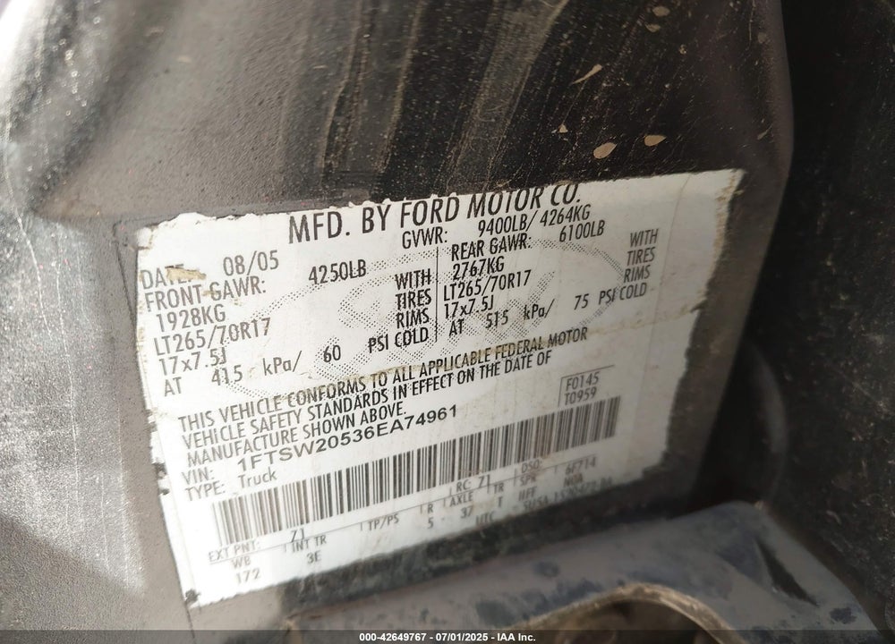 2006 FORD F-250 VIN: 1FTSW20536EA74961