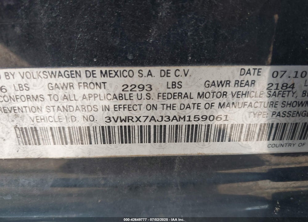 2010 VOLKSWAGEN JETTA VIN: 3VWRX7AJ3AM159061
