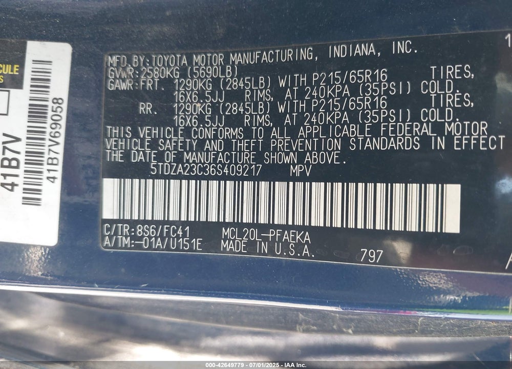 2006 TOYOTA SIENNA LE VIN: 5TDZA23C36S409217