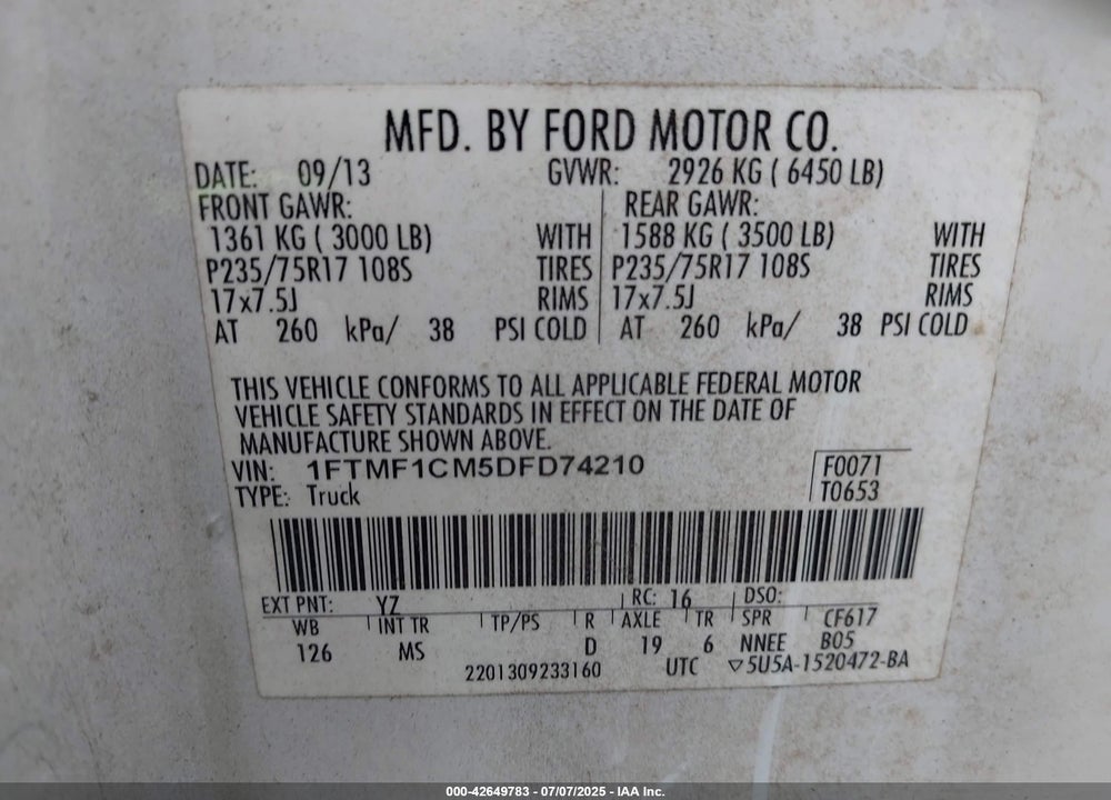 2013 FORD F-150 XLT VIN: 1FTMF1CM5DFD74210