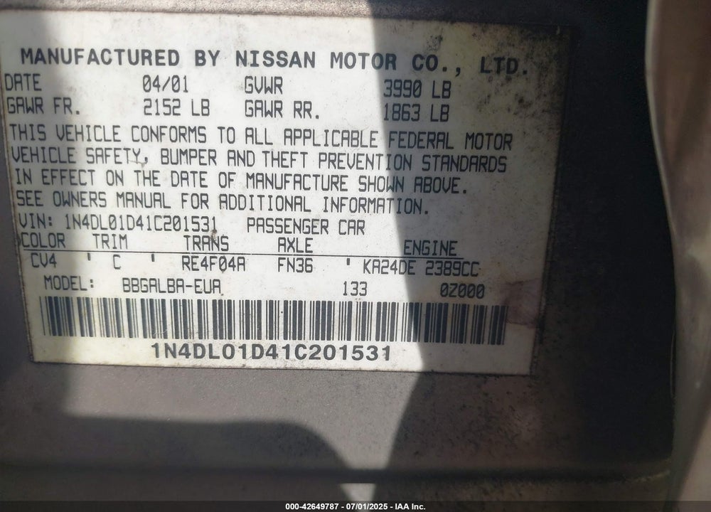 2001 NISSAN ALTIMA GXE VIN: 1N4DL01D41C201531
