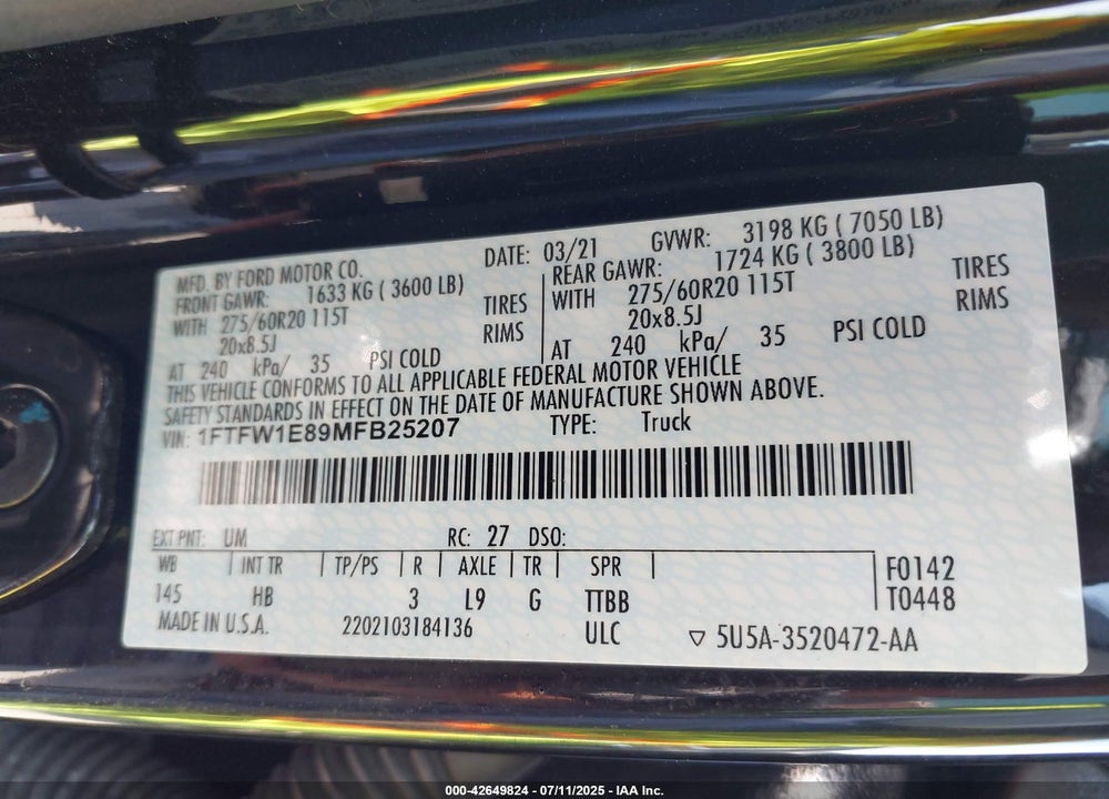 2021 FORD F-150 VIN: 1FTFW1E89MFB25207
