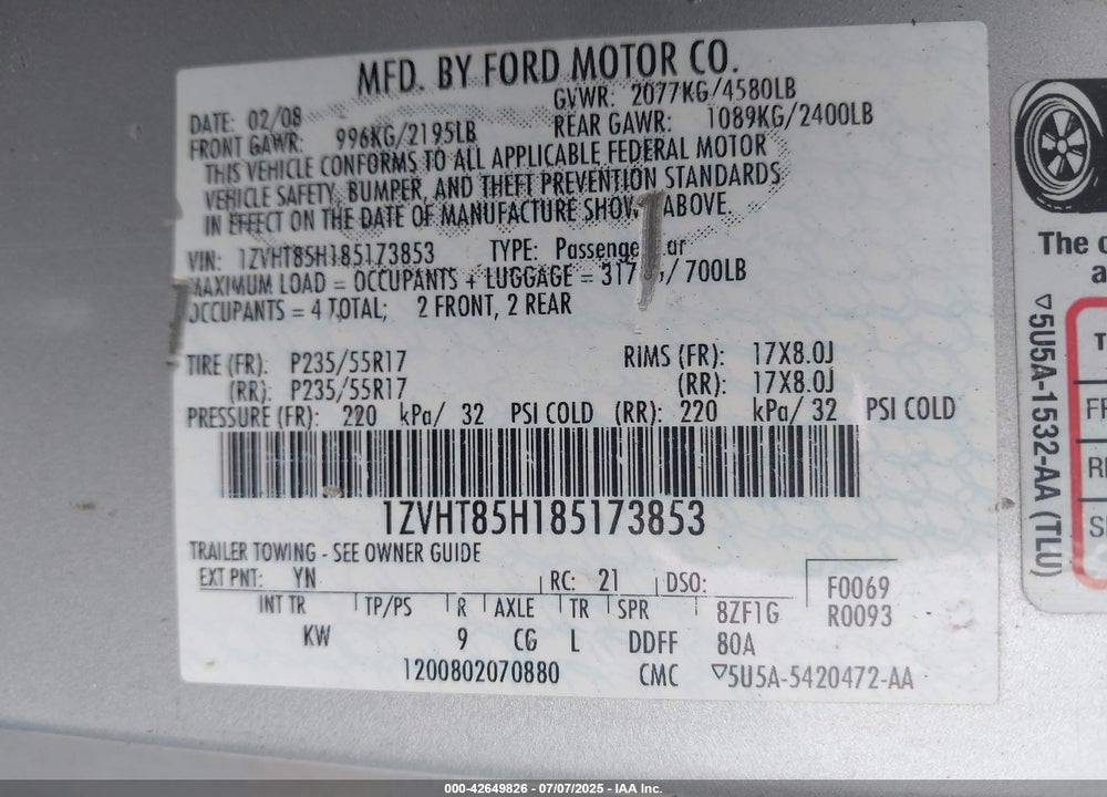2008 FORD MUSTANG GT DELUXE/GT PREMIUM VIN: 1ZVHT85H185173853