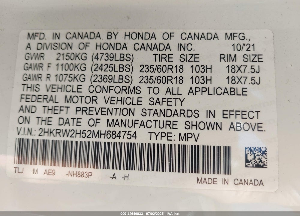 2021 HONDA CR-V VIN: 2HKRW2H52MH684754