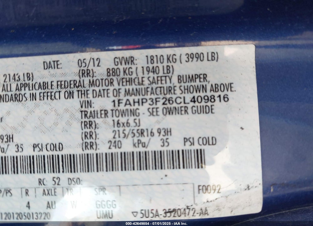 2012 FORD FOCUS SE VIN: 1FAHP3F26CL409816