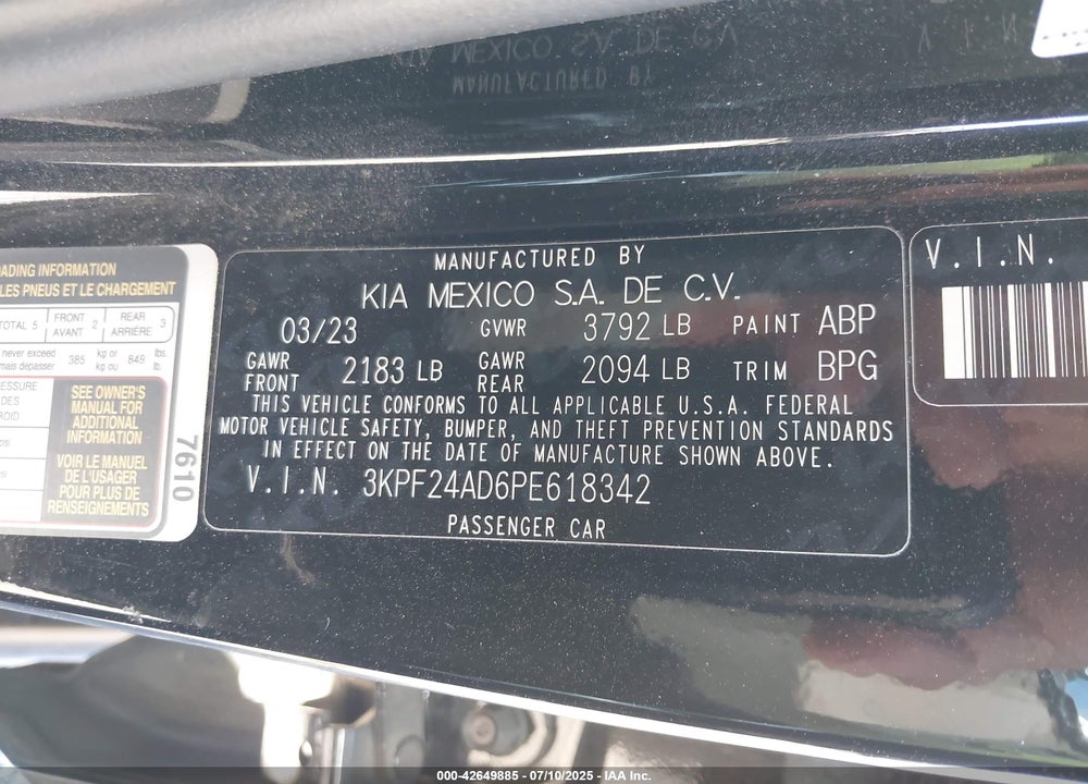 2023 KIA FORTE VIN: 3KPF24AD6PE618342