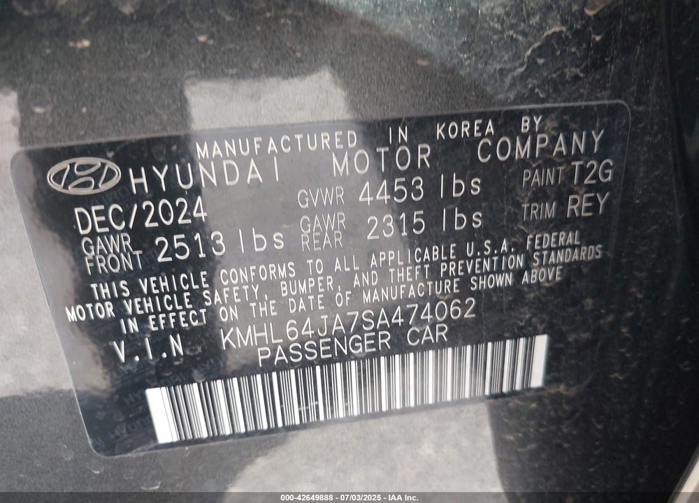 2025 HYUNDAI SONATA VIN: KMHL64JA7SA474062