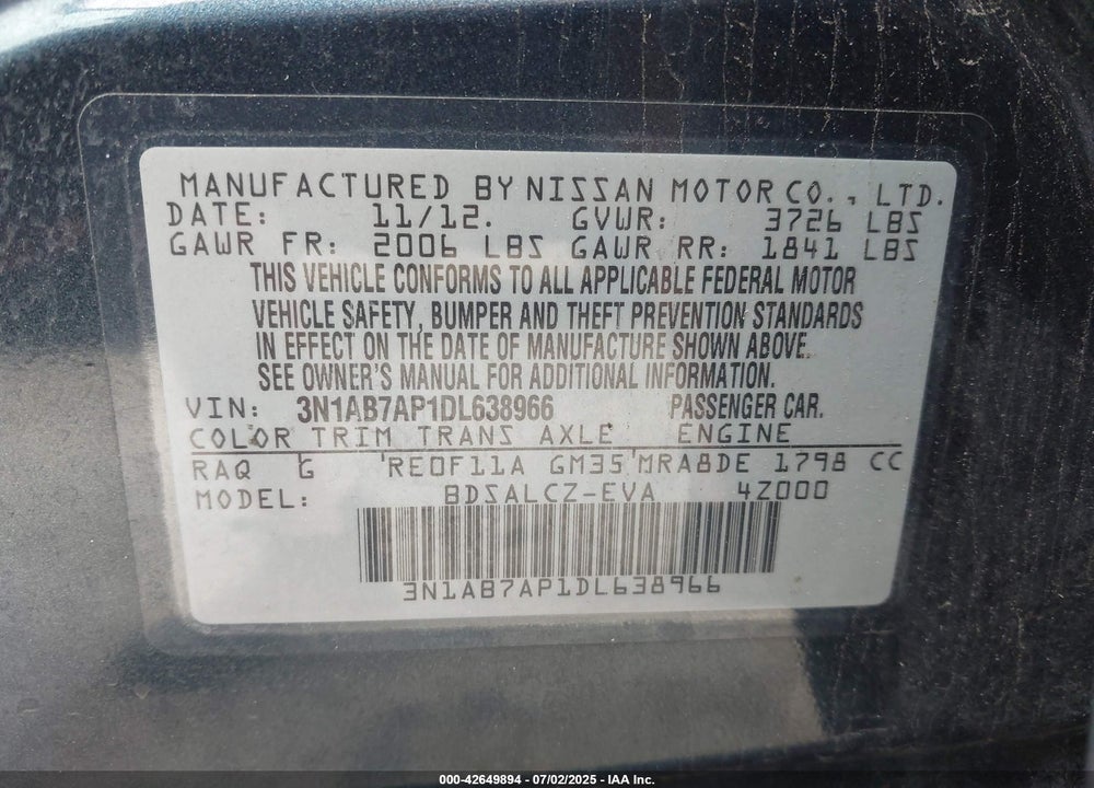 2013 NISSAN SENTRA VIN: 3N1AB7AP1DL638966