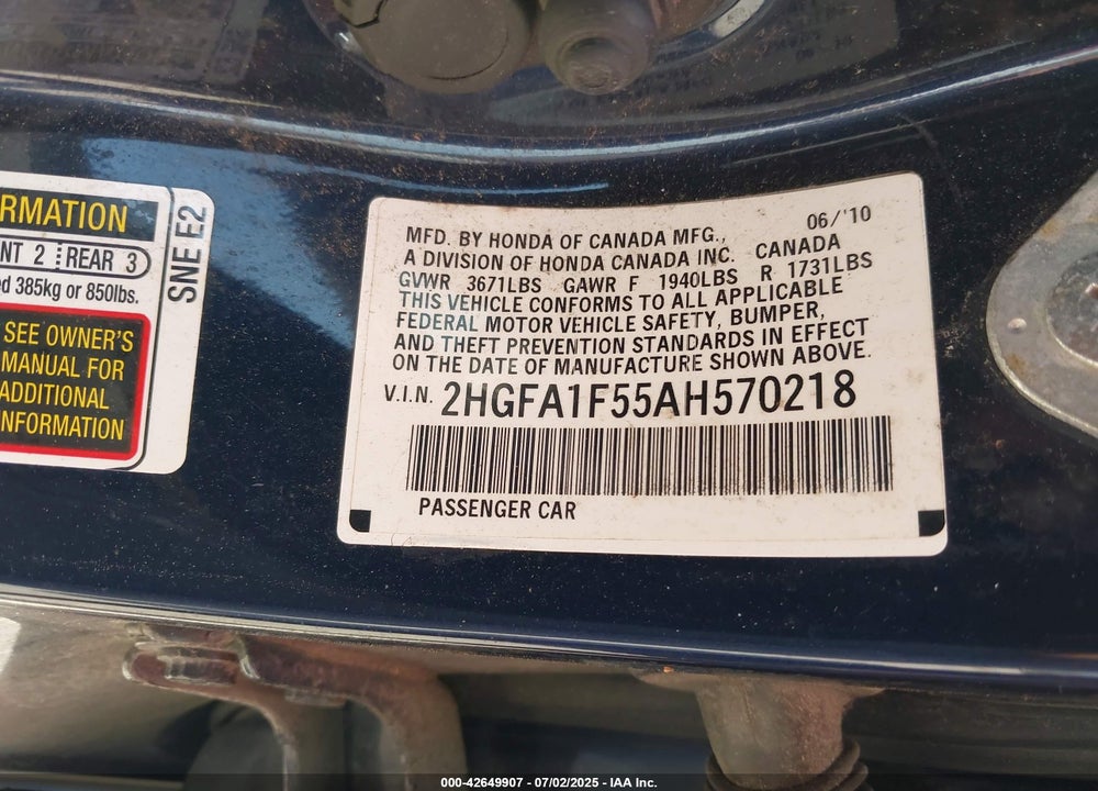 2010 HONDA CIVIC VIN: 2HGFA1F55AH570218