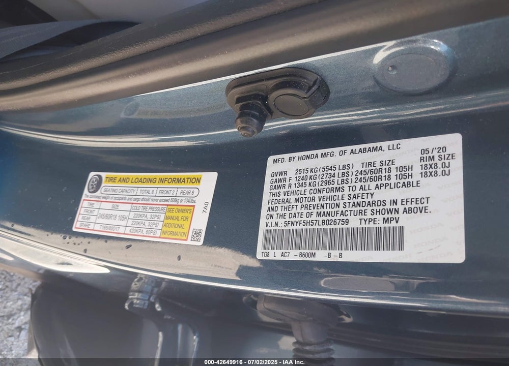 2020 HONDA PILOT VIN: 5FNYF5H57LB026759