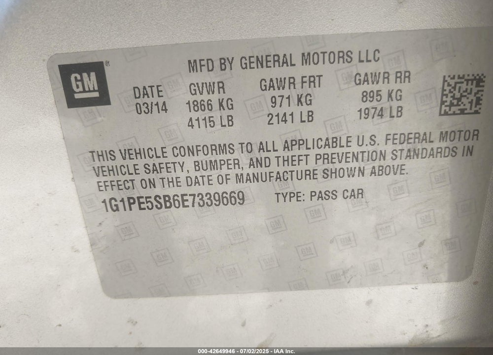 2014 CHEVROLET CRUZE VIN: 1G1PE5SB6E7339669