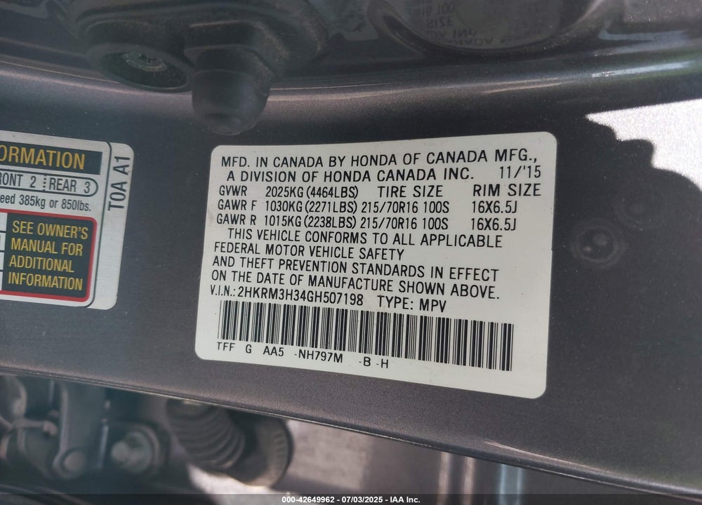 2016 HONDA CR-V VIN: 2HKRM3H34GH507198