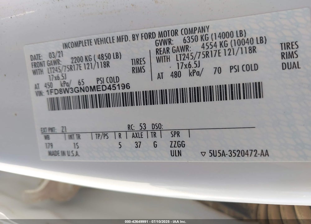 2021 FORD F-350 CHASSIS XL VIN: 1FD8W3GN0MED45196