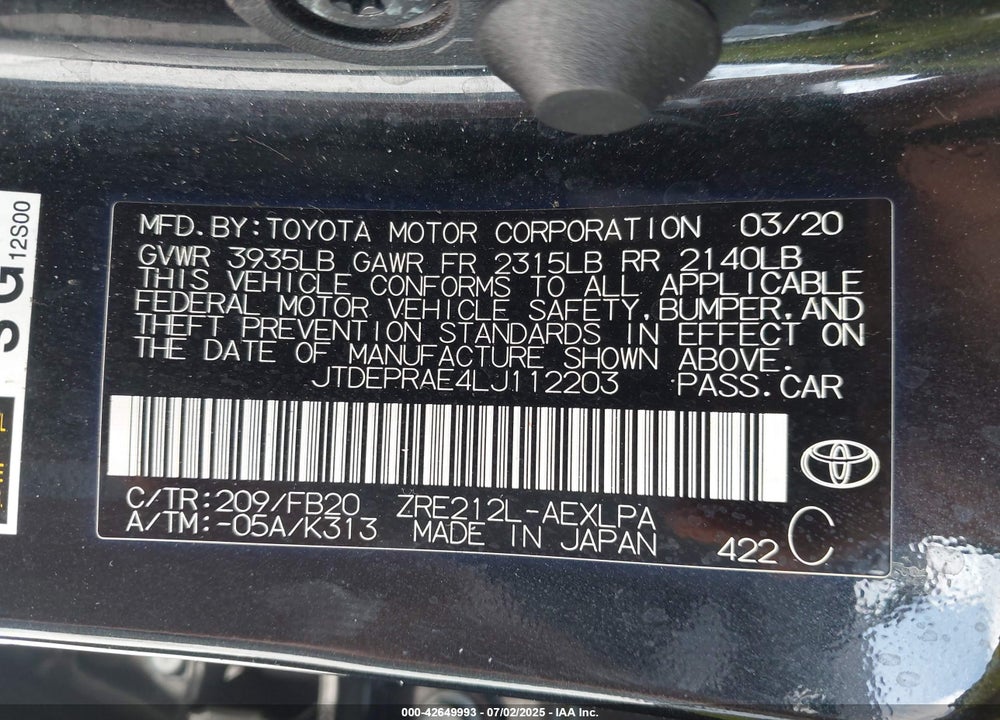 2020 TOYOTA COROLLA LE VIN: JTDEPRAE4LJ112203