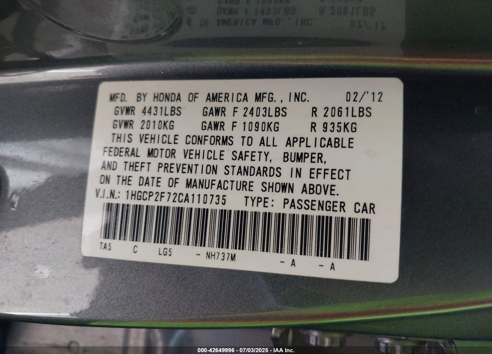 2012 HONDA ACCORD VIN: 1HGCP2F72CA110735