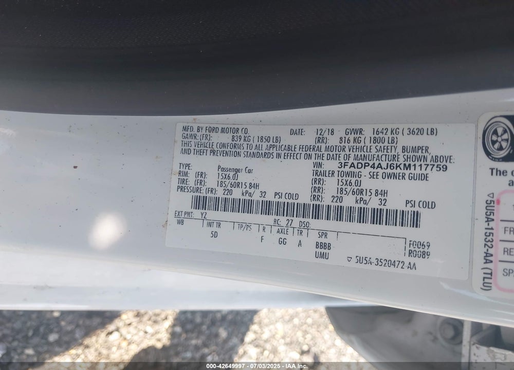 2019 FORD FIESTA VIN: 3FADP4AJ6KM117759