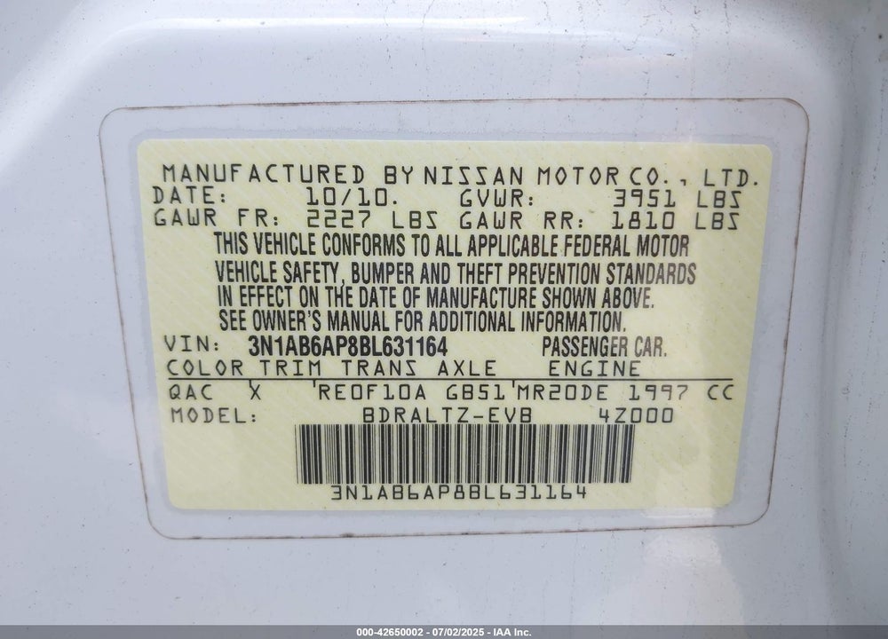 2011 NISSAN SENTRA VIN: 3N1AB6AP8BL631164